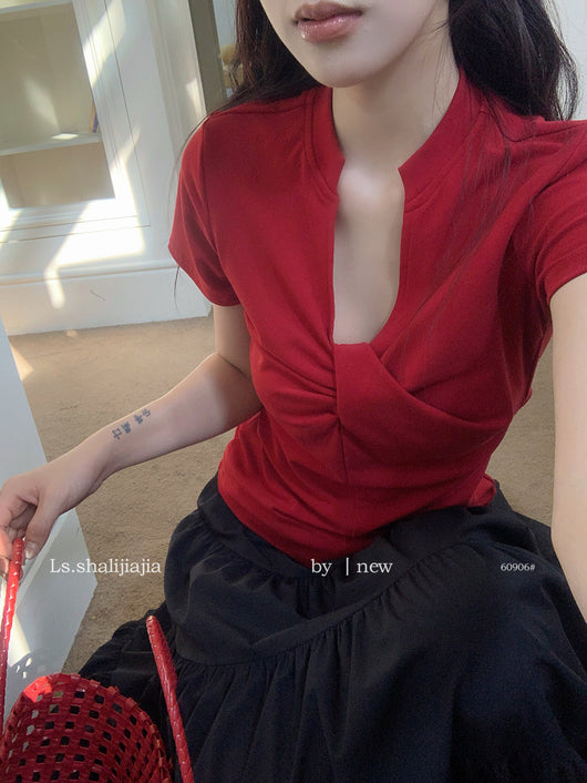 Blusa Básica Mujer con Nudo en V - Camiseta Versátil para Cualquier Ocasión - Image 15