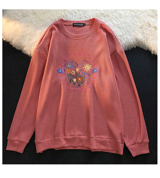 Suéter Tejido Waffle con Bordado Floral Cuello Redondo Manga Larga Otoño - Image 8