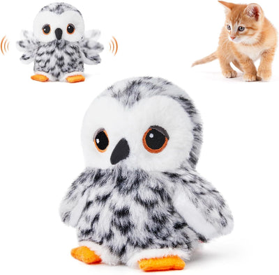 Interactive plush bird cat toy with brown and white fur, flapping wings, and a small tabby kitten observing. - Image 10