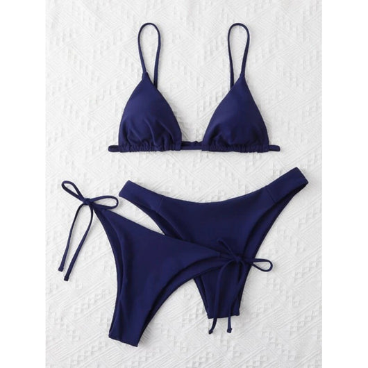 Lavender three-piece bikini set with a triangle top, tie-side bottom, and high-cut bottom, displayed with a straw hat and purple sunglasses. - Image 26