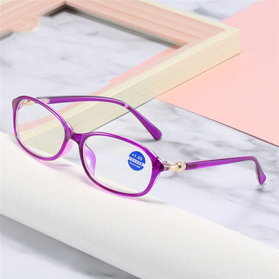Elegant purple full-frame reading glasses with gold accents on the temples, featuring a +1.00 magnification. - Image 10