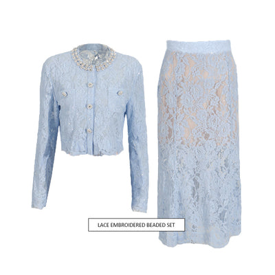 Conjunto Elegante con Blusa de Encaje Diamantado y Falda Cintura Alta