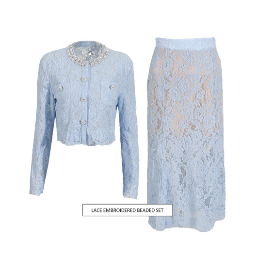 Conjunto Elegante con Blusa de Encaje Diamantado y Falda Cintura Alta