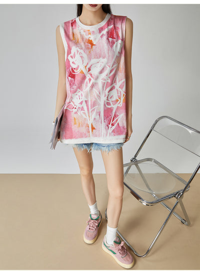 Blusa Suelta sin Mangas Estampado Acuarela Floral Rosa para Mujer - Image 16