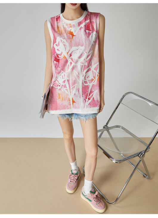 Blusa Suelta sin Mangas Estampado Acuarela Floral Rosa para Mujer - Image 16