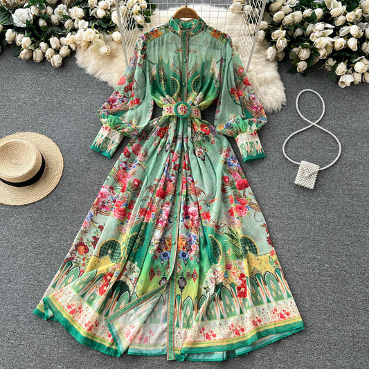 Vestido Camisero Retro Cuello Mao con Mangas Farol - Elegancia Vintage