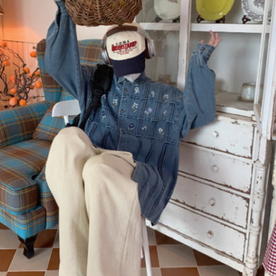 Camisa Denim Vintage Plisada Floral Lavado Clásico Manga Larga - Image 3