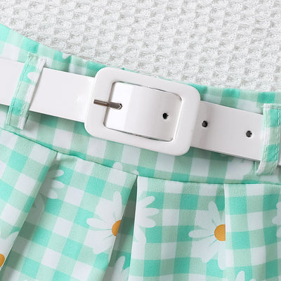 Conjunto de Tres Piezas para Niña: Top Sin Mangas a Rayas con Falda Cuadros Margarita y Cinturón - Image 16
