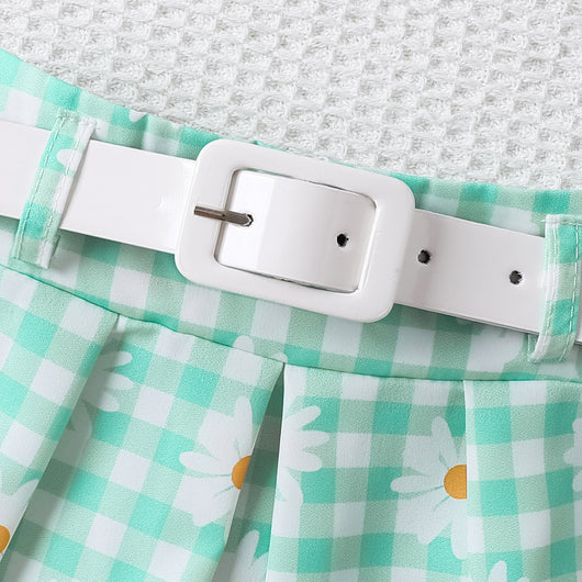 Conjunto de Tres Piezas para Niña: Top Sin Mangas a Rayas con Falda Cuadros Margarita y Cinturón - Image 16