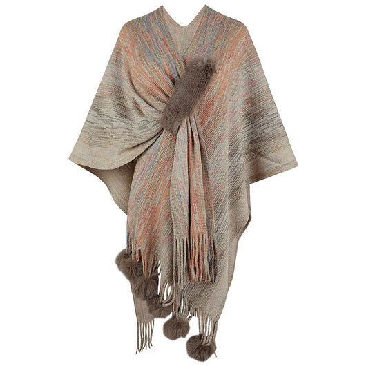 Abrigo Poncho Tejido con Borlas de Colores Contrastantes para Mujer - Image 5