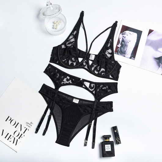 Conjunto de Lencería Sensual de Tres Piezas con Encaje Transparente y Efecto Moldeador - Image 4