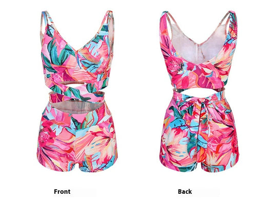 Women's three-piece swimwear set with a cream floral print, ruffled crop top, high-waisted shorts, and matching sarong. - Image 12