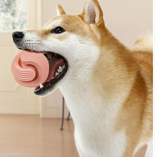 Pink rubber dog molar teeth relief bouncy ball being rinsed with water, showing its textured surface. - Image 10