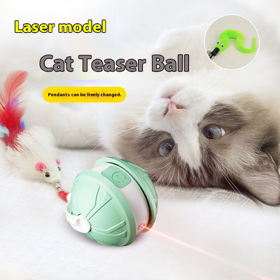 Green and white electric intelligent pet laser toy ball with power button, shown with mouse and worm attachments. - Image 4