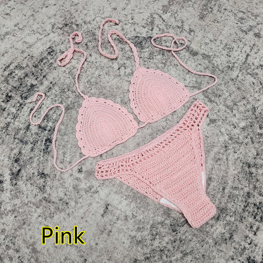 White 3-piece handmade crochet bikini set with triangle top, high-cut bottoms, and fringed mesh beach skirt. - Image 31