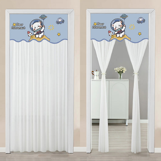 Double-layer blackout doorway curtain with a light blue top featuring a cartoon bear and "LUCK DAY!" text. - Image 14