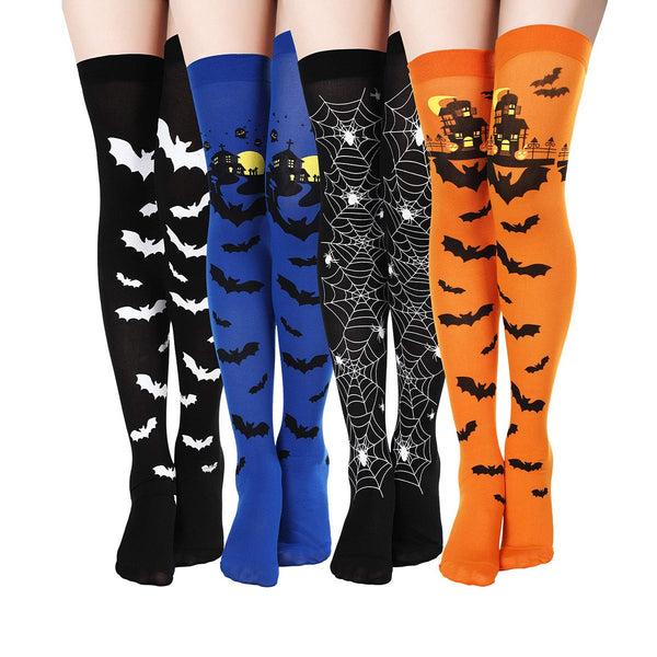 Medias Largas Hasta la Rodilla con Estampado Halloween - Telaraña, Murciélagos, Calaveras y Castillo - Image 3