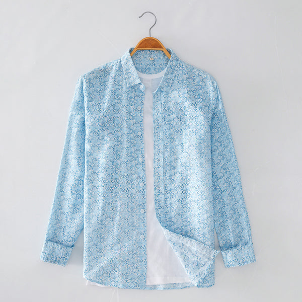Camisa Casual de Algodón y Lino con Estampado y Cuello Solapa para Hombre - Image 6