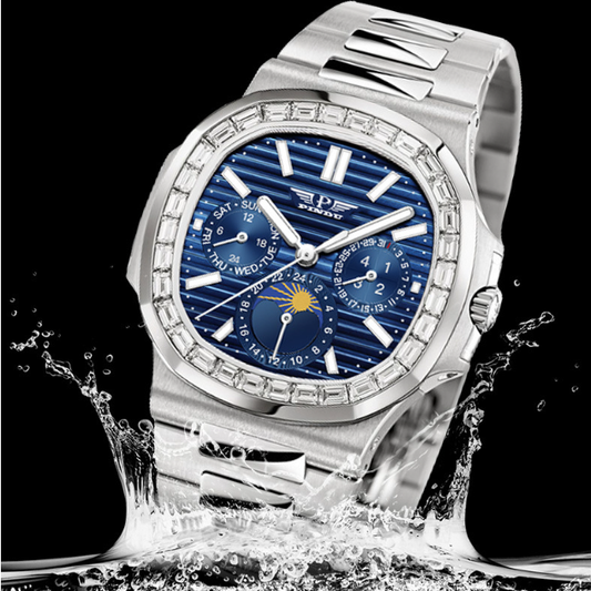 Reloj Elegante para Hombre Esfera Azul Diamante Diseño Cuadrado Grande