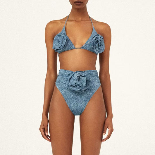 Blue 3D flower decoration halter lace-up bikini with high-waisted bottoms and matching sarong.