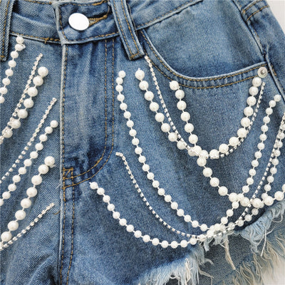 Shorts Denim Mujer Cintura Alta Efecto Reductor con Strass y Flecos - Image 4