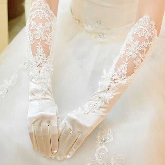 Guantes de Novia Satén y Encaje Bordado para Boda - Image 6