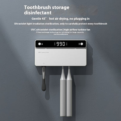 Black wall-mounted UVC toothbrush sterilizer with digital display, holding one manual and three electric toothbrushes. - Image 9