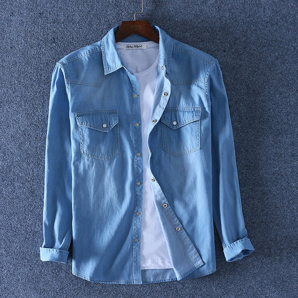 Camisa de Algodón Denim para Hombre de Manga Larga