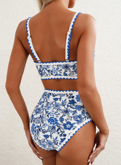 Green and white floral paisley high-waisted bikini swimsuit with scalloped edges on a model. - Image 29