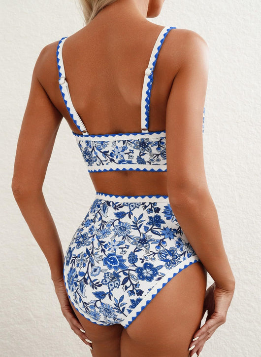 Green and white floral paisley high-waisted bikini swimsuit with scalloped edges on a model. - Image 29