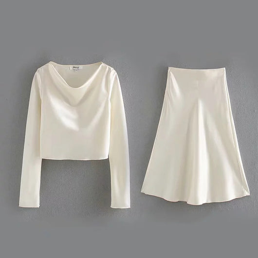 Conjunto Casual: Blusa Manga Larga + Falda de Satén - Image 7