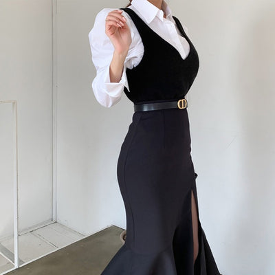 Conjunto Falda Chaleco Ajustado con Abertura Lateral y Diseño Combinado - Image 10