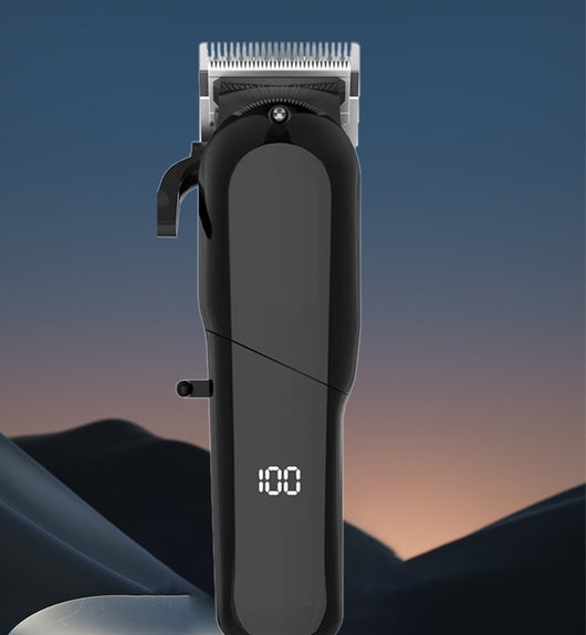 Black electric hair clipper with LCD display showing '100', multiple guide combs, cleaning brush, oil, comb, and USB cable. - Image 7