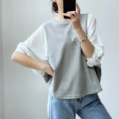 Blusa Suelta de Cuello Redondo con Bloques de Color - Estilo Japonés y Coreano - Image 12