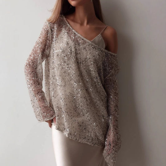 Blusa Suéter Holgada con Lentejuelas y Detalles Calados