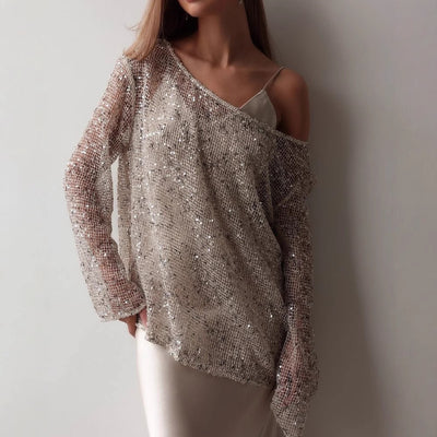 Blusa Suéter Holgada con Lentejuelas y Detalles Calados