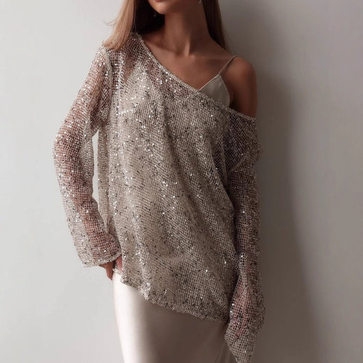 Blusa Suéter Holgada con Lentejuelas y Detalles Calados
