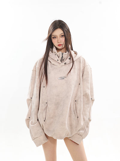 Sudadera Capucha Cuello Alto Doble Capa Plisada para Parejas - Image 21