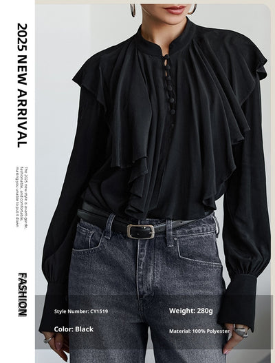 Blusa Negra Elegante con Volantes Drapeados Estilo Palacio - Image 10