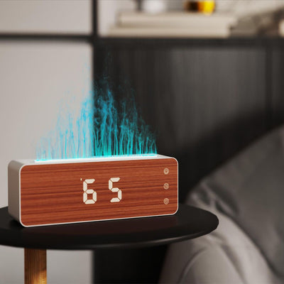 Humidificador Aromático con Llama LED y Reloj Digital para Dormitorio