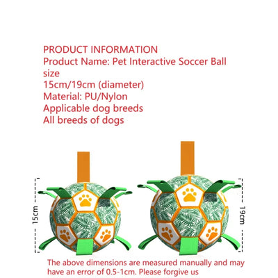 Interactive pet football toy with green palm leaves, orange paw prints, grab tabs, and a ball pump. - Image 12
