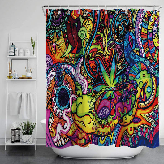 Vibrant psychedelic shower curtain with an abstract digital print featuring an elephant head and cannabis leaves in bright colors. - Image 22