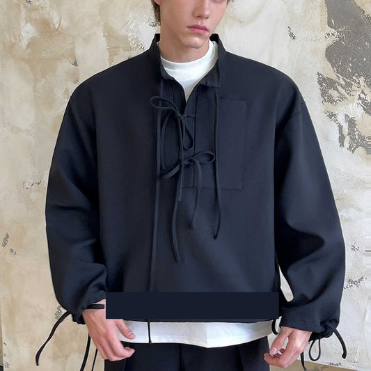 Suéter Tipo Cardigan con Cuello Solapa y Cordón Ajustable