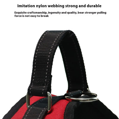 Blue and black pet harness with reflective stitching, a top handle, and red quick-release buckles. - Image 2