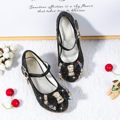 Red glitter Mary Jane shoes for girls with a decorative bow, clear and pink crystals, and a moon and star charm. - Image 23
