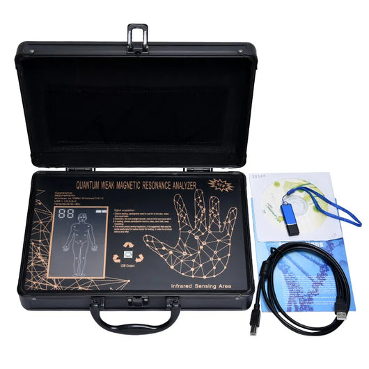Black 6G Quantum Analyzer Palm Touch Health Detector in a briefcase-style case, with a hand on the sensor. - Image 6