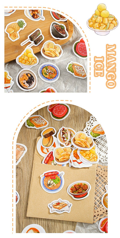Box-packed set of 46 retro-style night market snack stickers, featuring illustrations of various foods and drinks. - Image 13