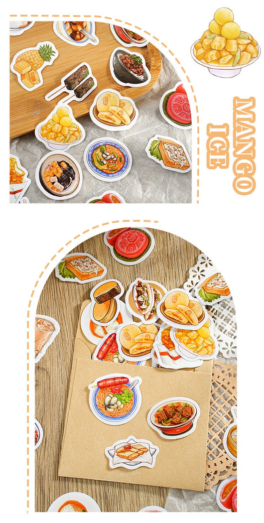 Box-packed set of 46 retro-style night market snack stickers, featuring illustrations of various foods and drinks. - Image 13