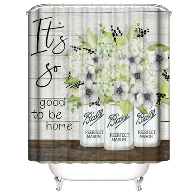 White shower curtain with a vibrant green botanical leaf print, hanging in a bright, modern bathroom. - Image 5