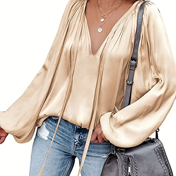 Blusa de Satén con Cuello en V y Mangas Largas para Mujer